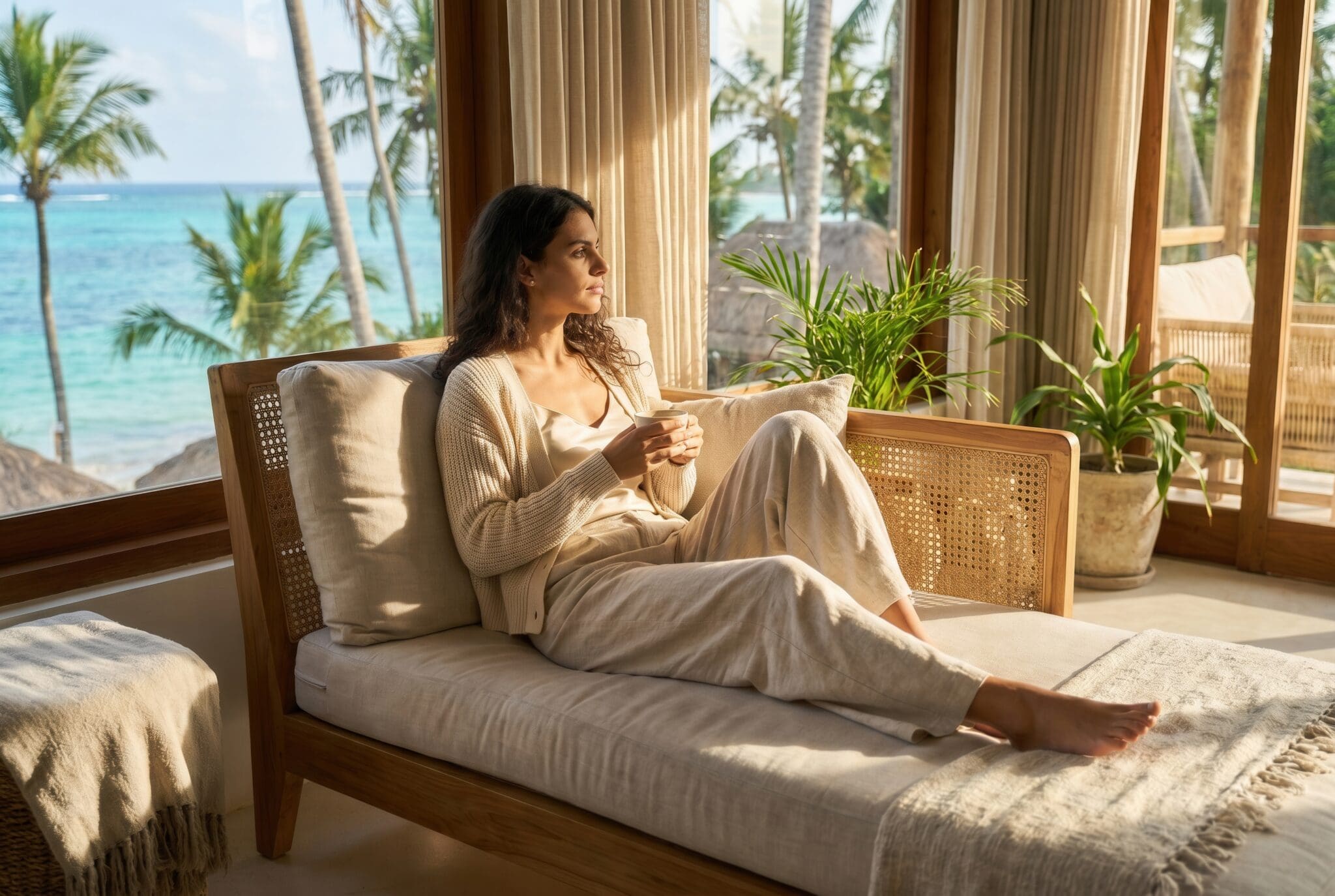 Woman relaxing on a daybed, enjoying morning coffee and tropical ocean view from resort room